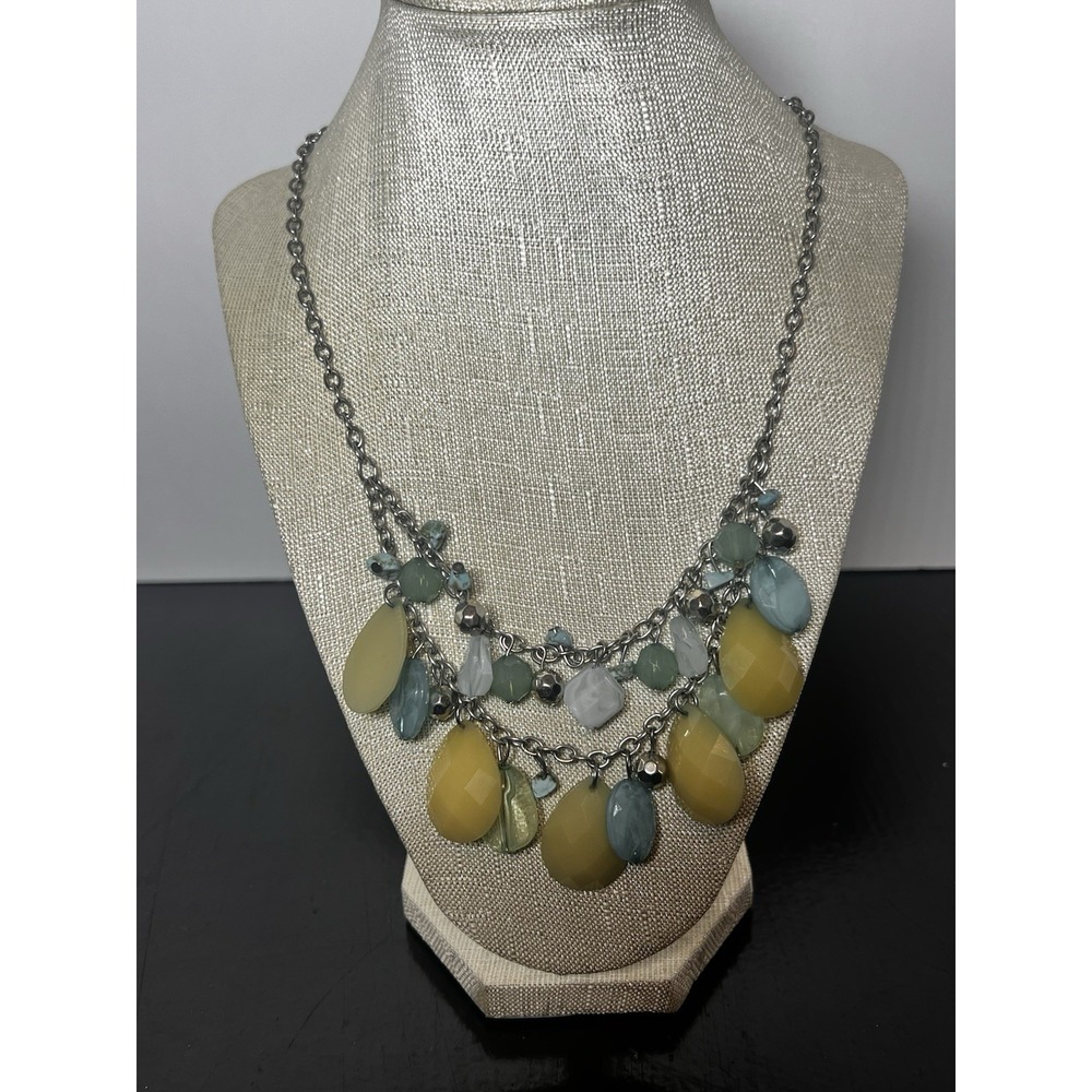 Vintage Silver Tone Necklace W/ Yellow Blue Green Crystal